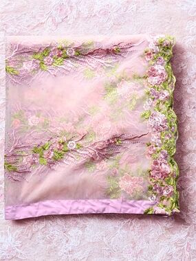 Vintage Embroidered Large Pink Floral Organza Scarf